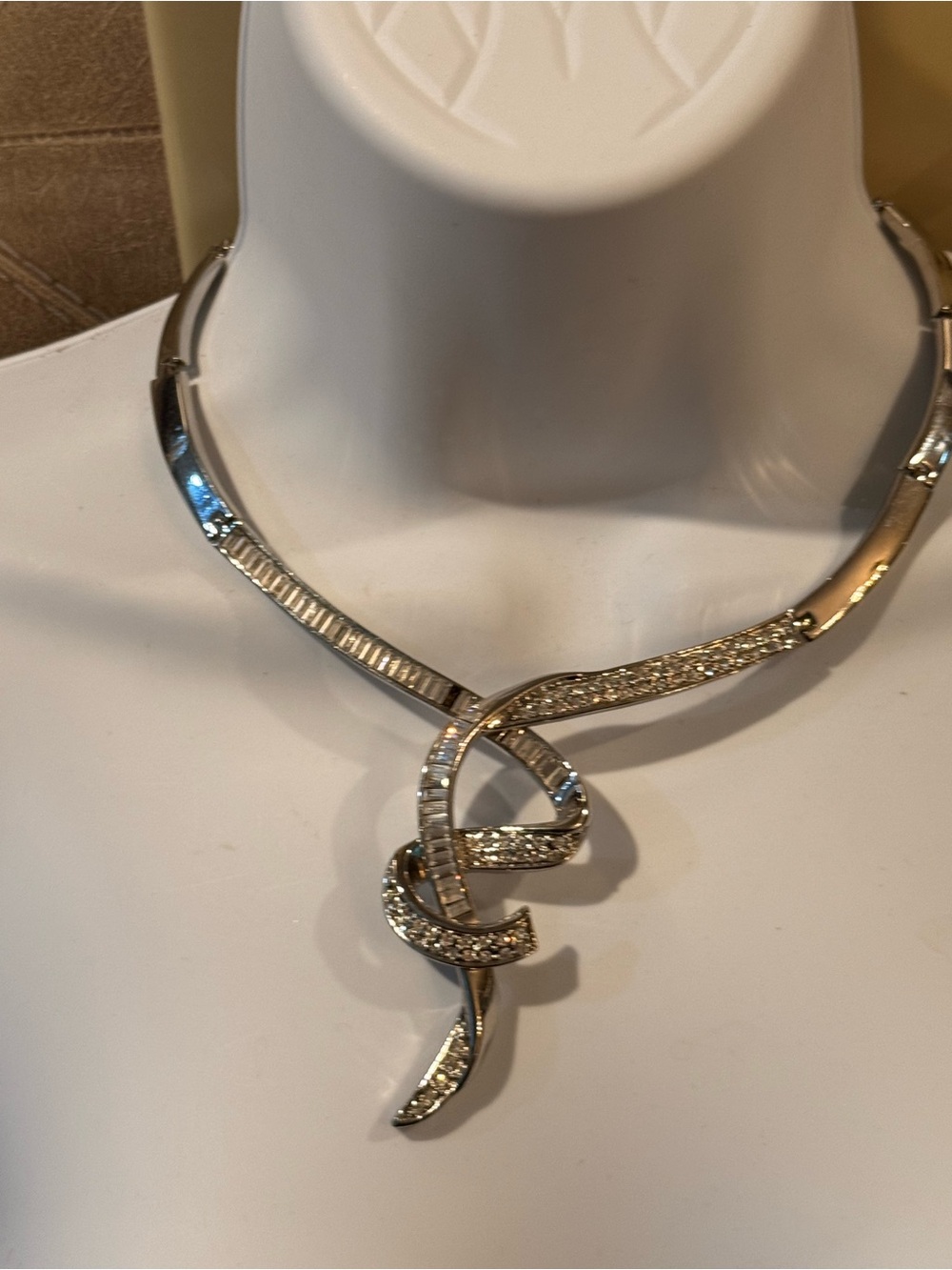 Silver-Tone Crystal Ribbon Pendant Necklace - Elegant Women’s Jewelry
